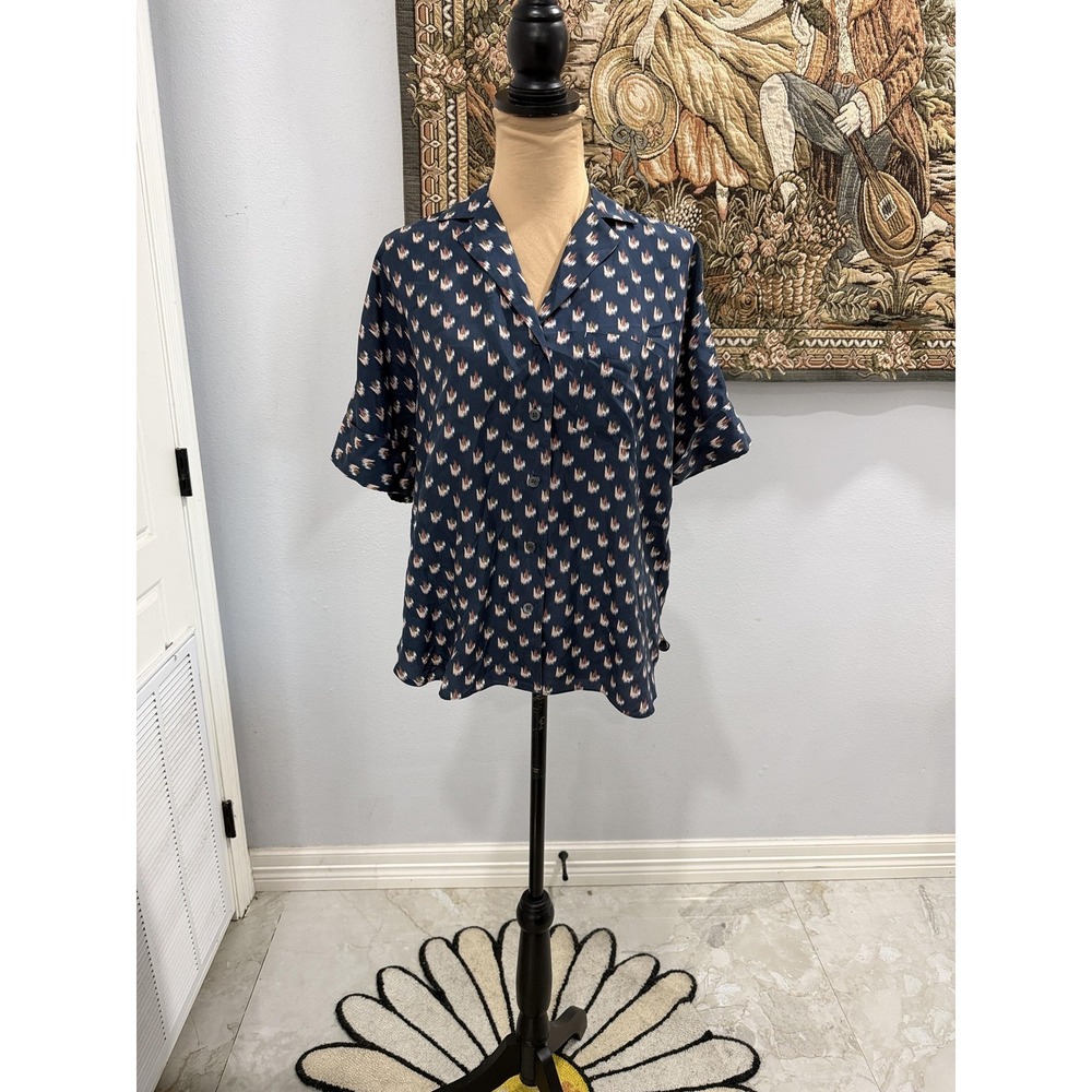 Theory Shirt Womens Petite Blue Ralfinn Floral Ikat‎ Silk Button Front Top